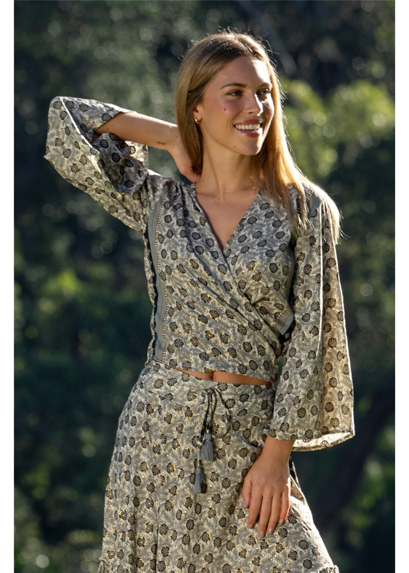 Cienna Designs Izzy Tie Top in gold floral block print on charcoal and black, silk-polyester blend — Izzy Tie Top by Cienna Designs