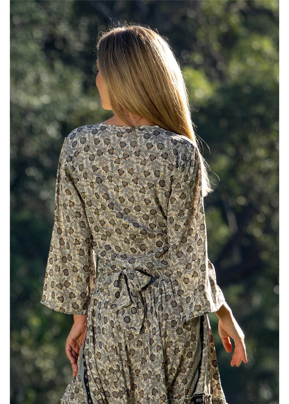 Izzy Tie Top in detailed gold floral block print on charcoal, easy tie waist in silk-polyester — Cienna Designs