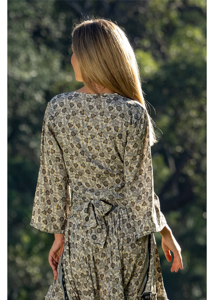 Izzy Tie Top in detailed gold floral block print on charcoal, easy tie waist in silk-polyester — Cienna Designs