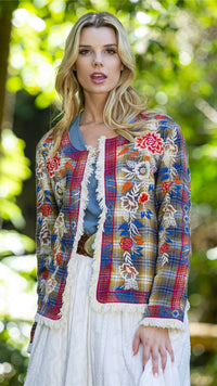 Plaid jacket with bohemian style embroidery