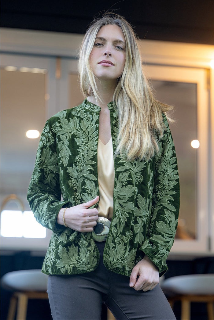 Jewel jacket in deep rich olive green viscose velvet with forest damask embroidery, structured fitted silhouette with front hook-and-eye closure and round hem - Cienna Designs