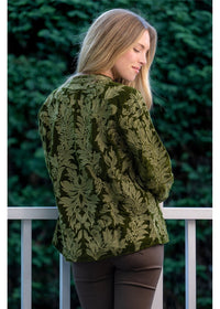 Jewel jacket back view in deep olive green viscose velvet with dark green forest damask embroidery pattern and polished round hem - Cienna Designs