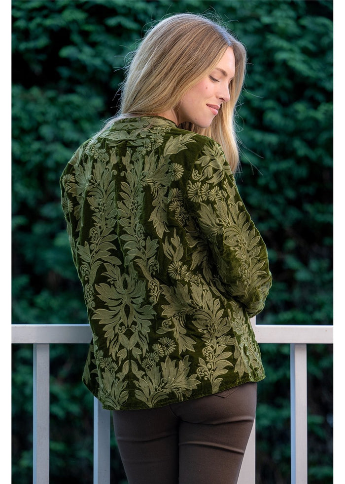 Jewel jacket back view in deep olive green viscose velvet with dark green forest damask embroidery pattern and polished round hem - Cienna Designs