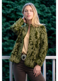 Jewel jacket side view in deep olive green viscose velvet showing structured fitted silhouette with damask embroidery and cotton lining - Cienna Designs