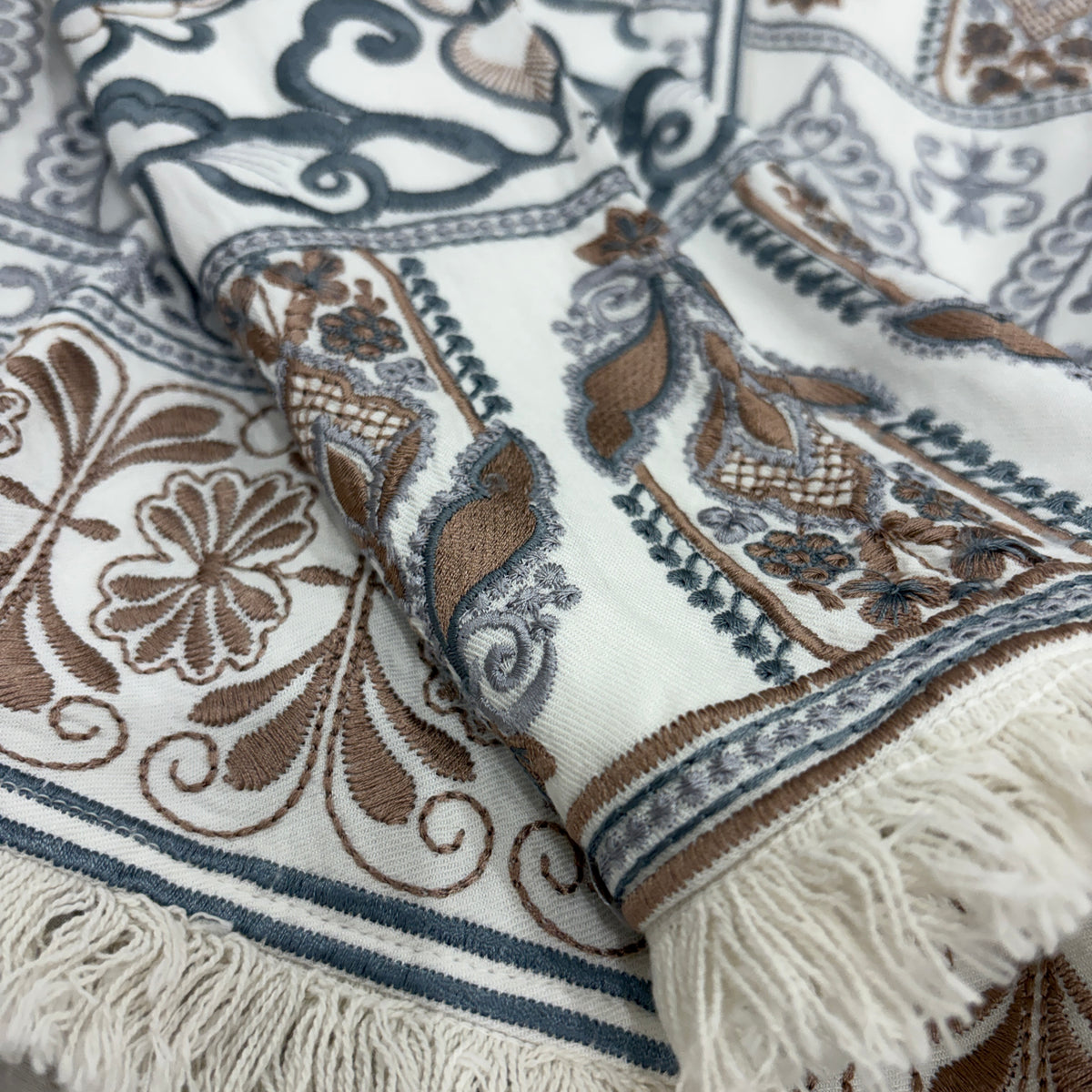 Jing jacket close-up detail of baroque floral embroidery and fringe trim in 100% viscose fabric - Cienna Designs