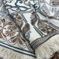 Jing jacket close-up detail of baroque floral embroidery and fringe trim in 100% viscose fabric - Cienna Designs