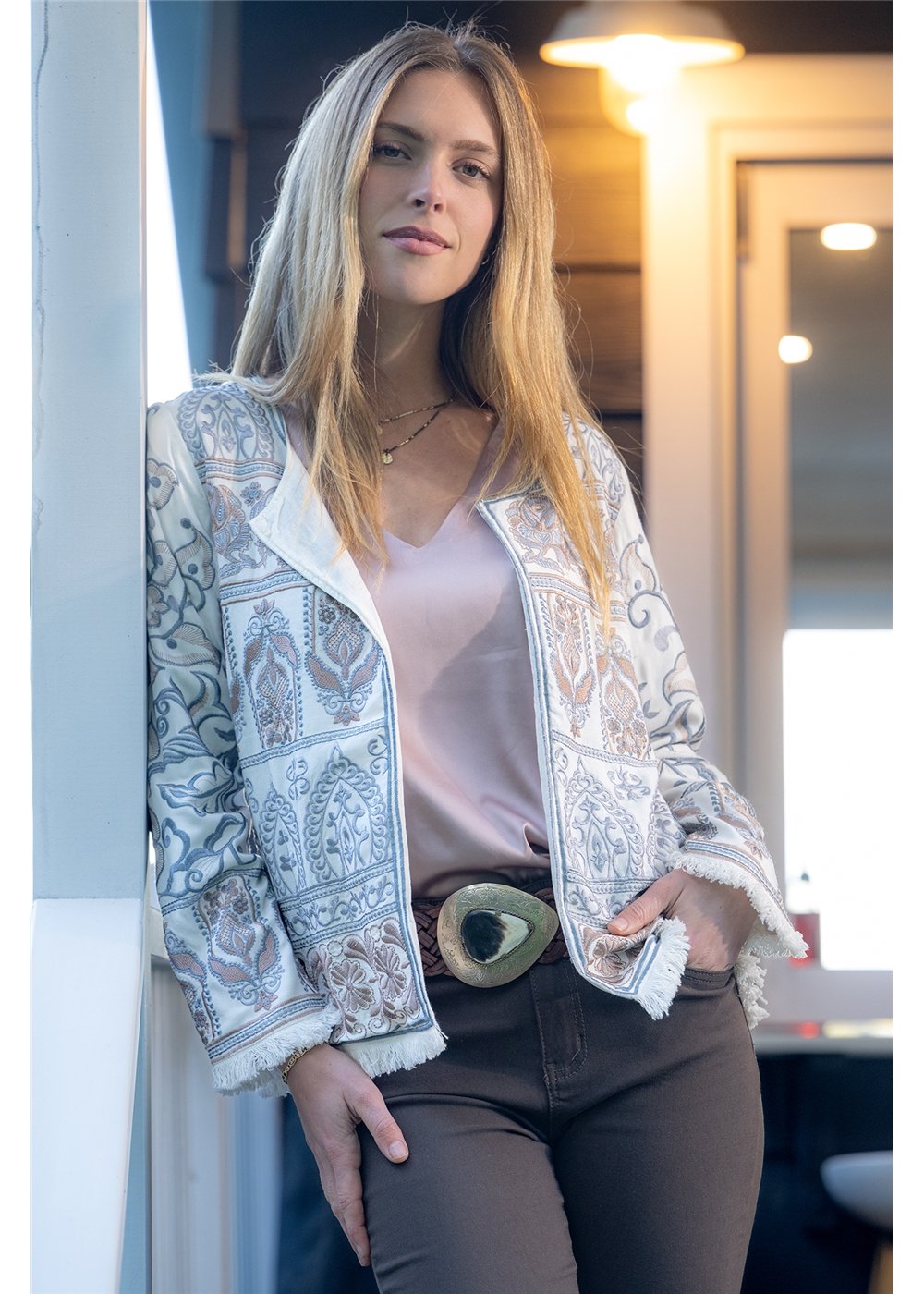 Jing jacket in 100% viscose with baroque floral embroidery and fringe trim, relaxed open front with single hook closure - Cienna Designs