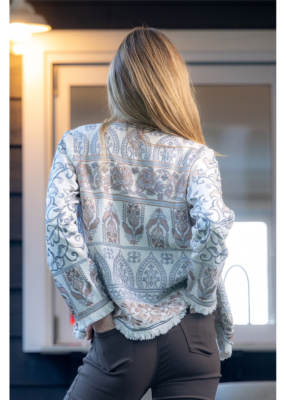 Jing jacket back view showing baroque embroidery and fringe detail, relaxed bohemian silhouette in light 100% viscose - Cienna Designs