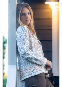 Jing jacket side view with baroque embroidery and fringe trim, comfortable open front in 100% viscose with cotton lining - Cienna Designs