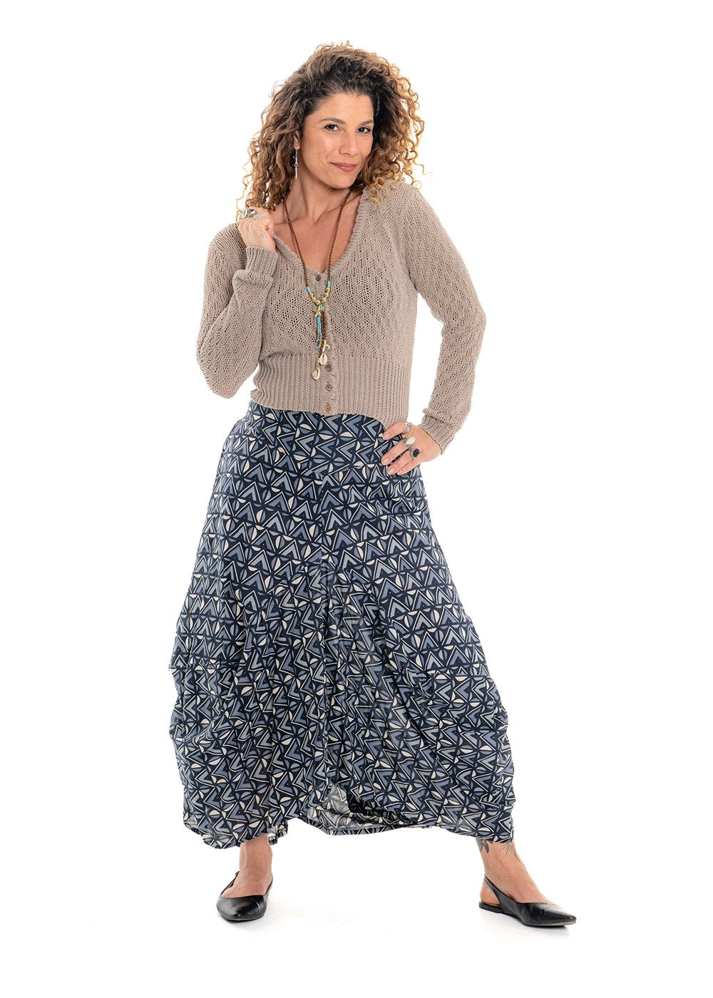 Katie geometric print Eshe skirt in tonal grey and charcoal cotton - Cienna Designs