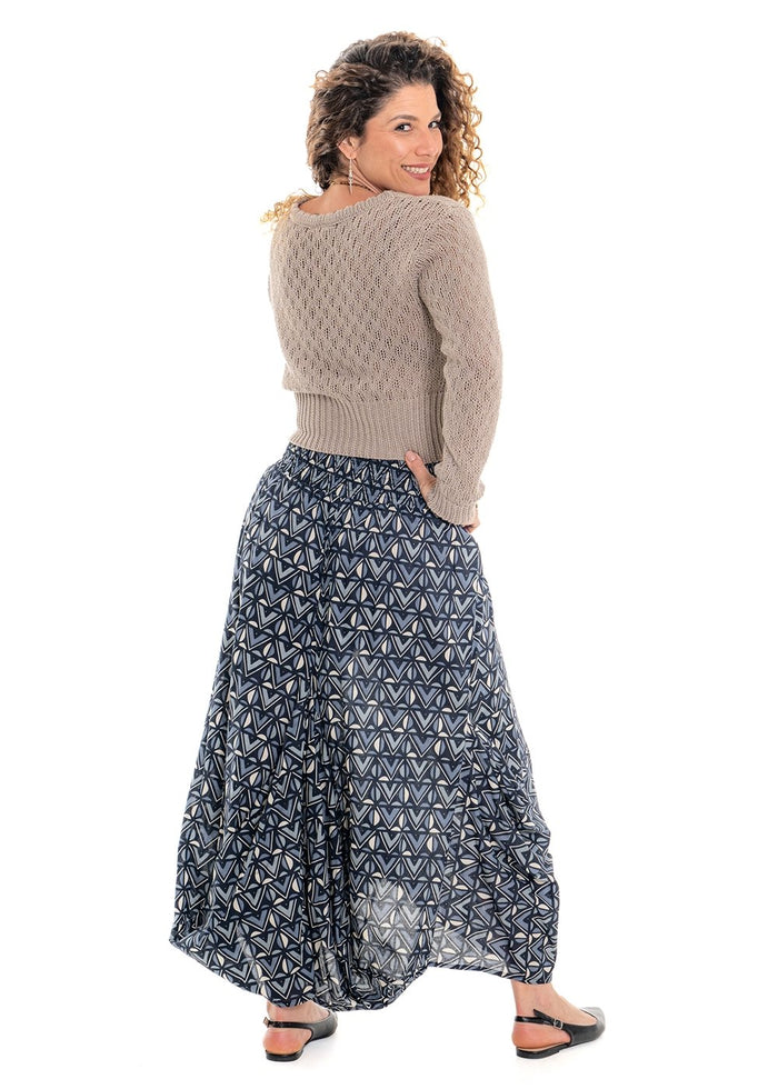 Katie geometric print Eshe skirt back view in tonal grey and charcoal cotton - Cienna Designs