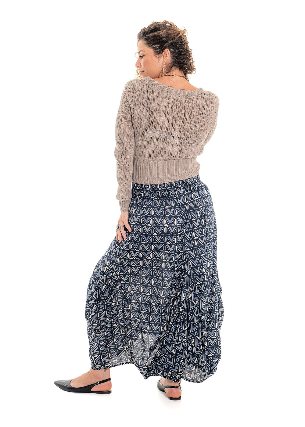 Katie geometric print Eshe skirt side view in tonal grey and charcoal cotton - Cienna Designs