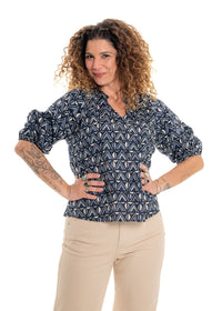 Katie geometric print Mai top in tonal grey and charcoal cotton, V-neck with 3/4 sleeves and soft balloon cuffs - Cienna Designs