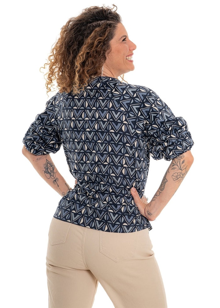 Katie geometric print Mai top back view in tonal grey and charcoal cotton with balloon cuffs - Cienna Designs