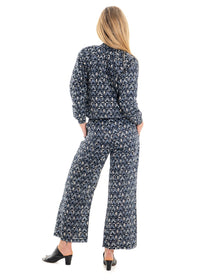 Katie geometric print pocket pants back view in tonal grey and charcoal cotton - Cienna Designs