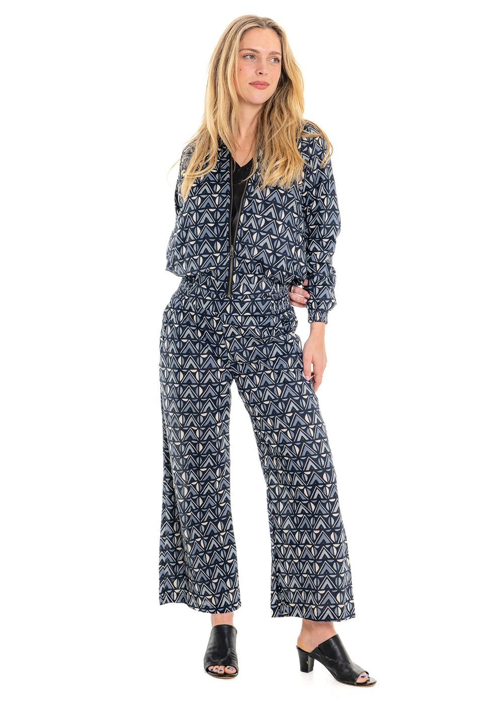 Katie geometric print pocket pants side view in tonal grey and charcoal cotton - Cienna Designs