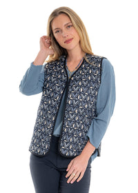Katie geometric print quilted vest in tonal grey and charcoal cotton with interlocking geometric pattern - Cienna Designs