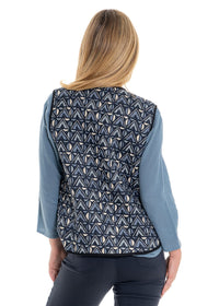 Katie geometric print quilted vest back view in tonal grey and charcoal cotton - Cienna Designs