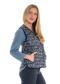 Katie geometric print quilted vest side view in tonal grey and charcoal cotton - Cienna Designs