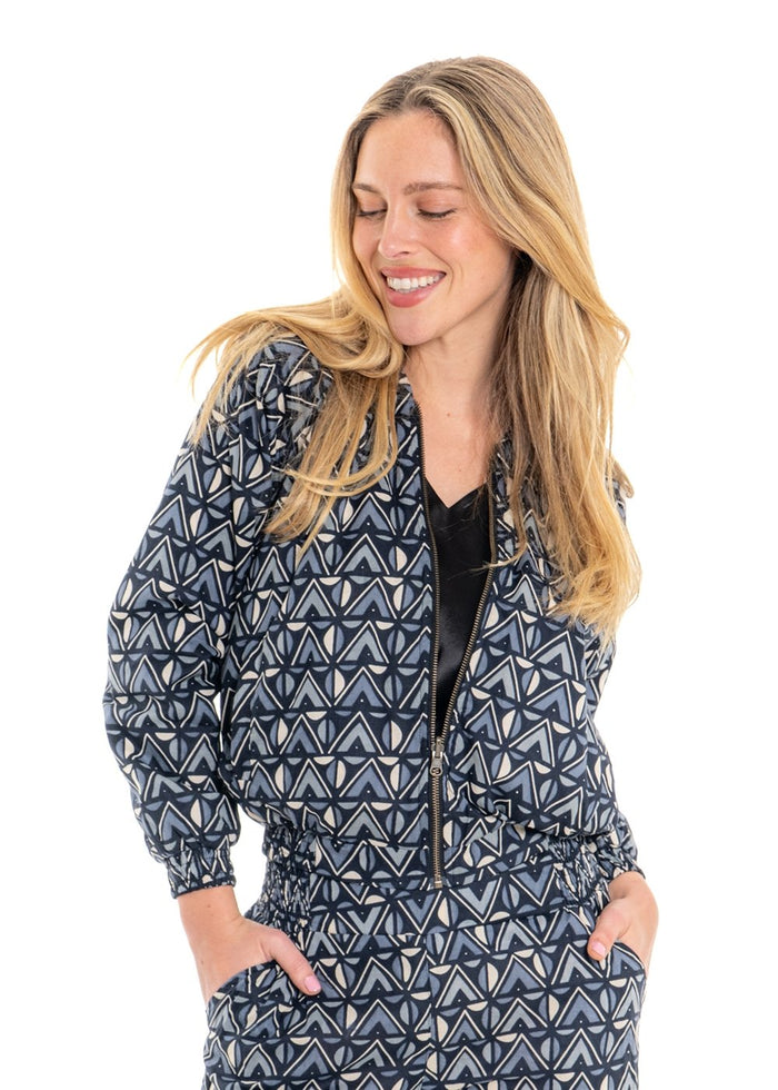 Katie geometric print reversible bomber jacket in tonal grey and charcoal cotton - Cienna Designs