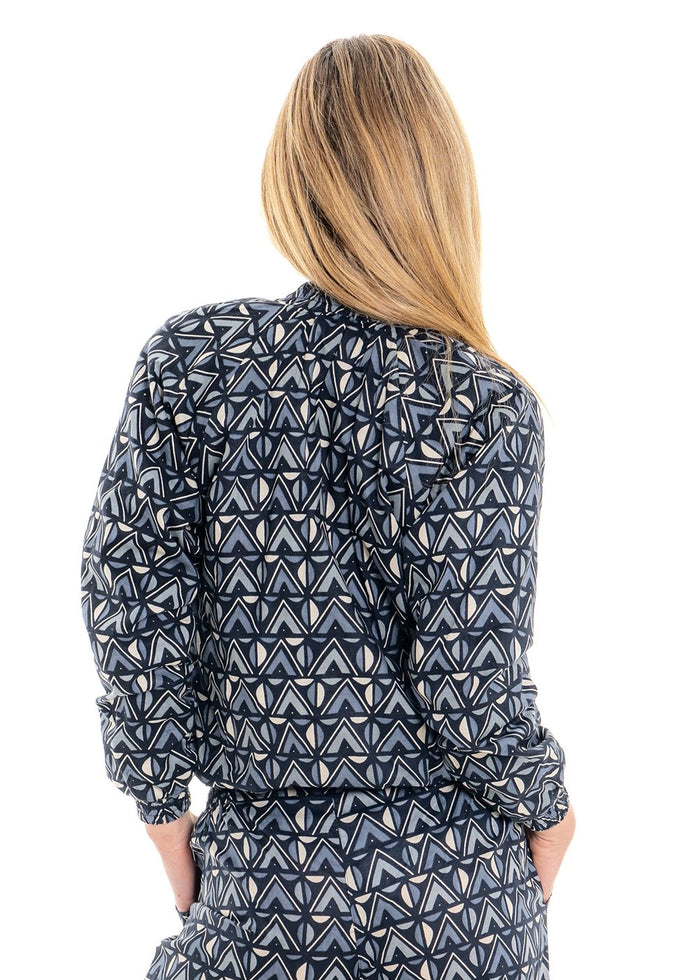 Katie geometric print reversible bomber jacket back view in tonal grey and charcoal cotton - Cienna Designs