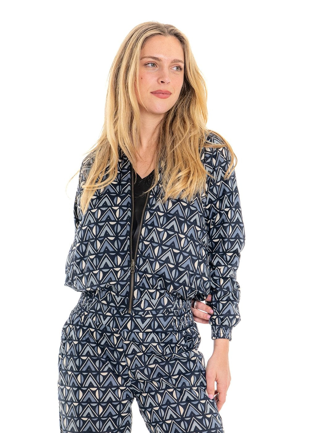 Katie geometric print reversible bomber jacket side view in tonal grey and charcoal cotton - Cienna Designs