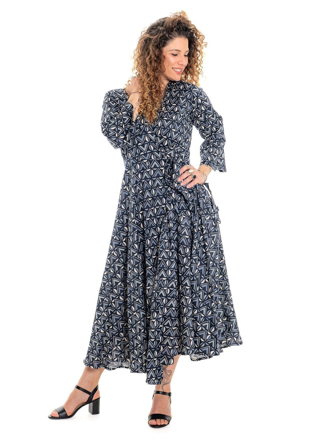 Katie geometric print wrap dress in tonal grey and charcoal cotton with interlocking geometric pattern - Cienna Designs