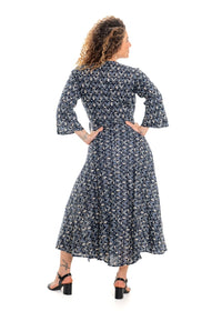 Katie geometric print wrap dress back view in tonal grey and charcoal cotton - Cienna Designs
