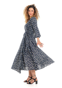 Katie geometric print wrap dress side view in tonal grey and charcoal cotton - Cienna Designs