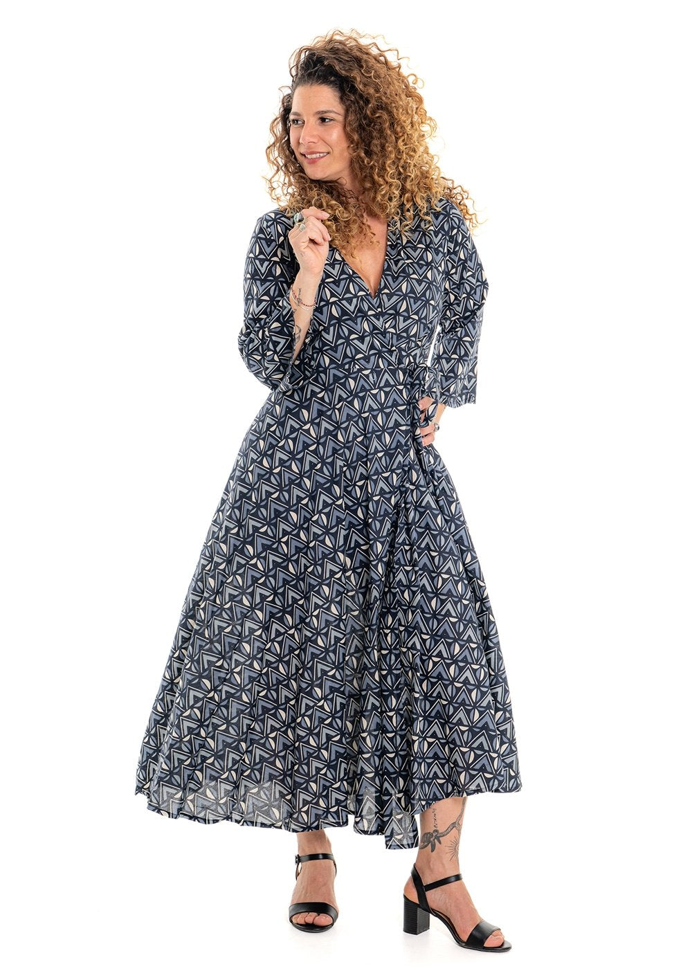 Katie geometric print wrap dress detail in tonal grey and charcoal cotton - Cienna Designs