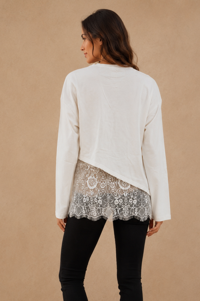 Lace Hem Top White - back view showing white knit fabric with lace hem panel