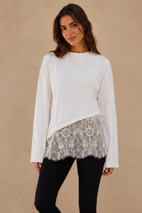 Lace Hem Top White - front view, white semi-sheer drop-shoulder cotton top with delicate lace hem detail