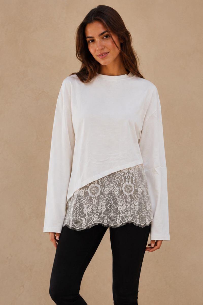 Lace Hem Top White - front view, white semi-sheer drop-shoulder cotton top with delicate lace hem detail