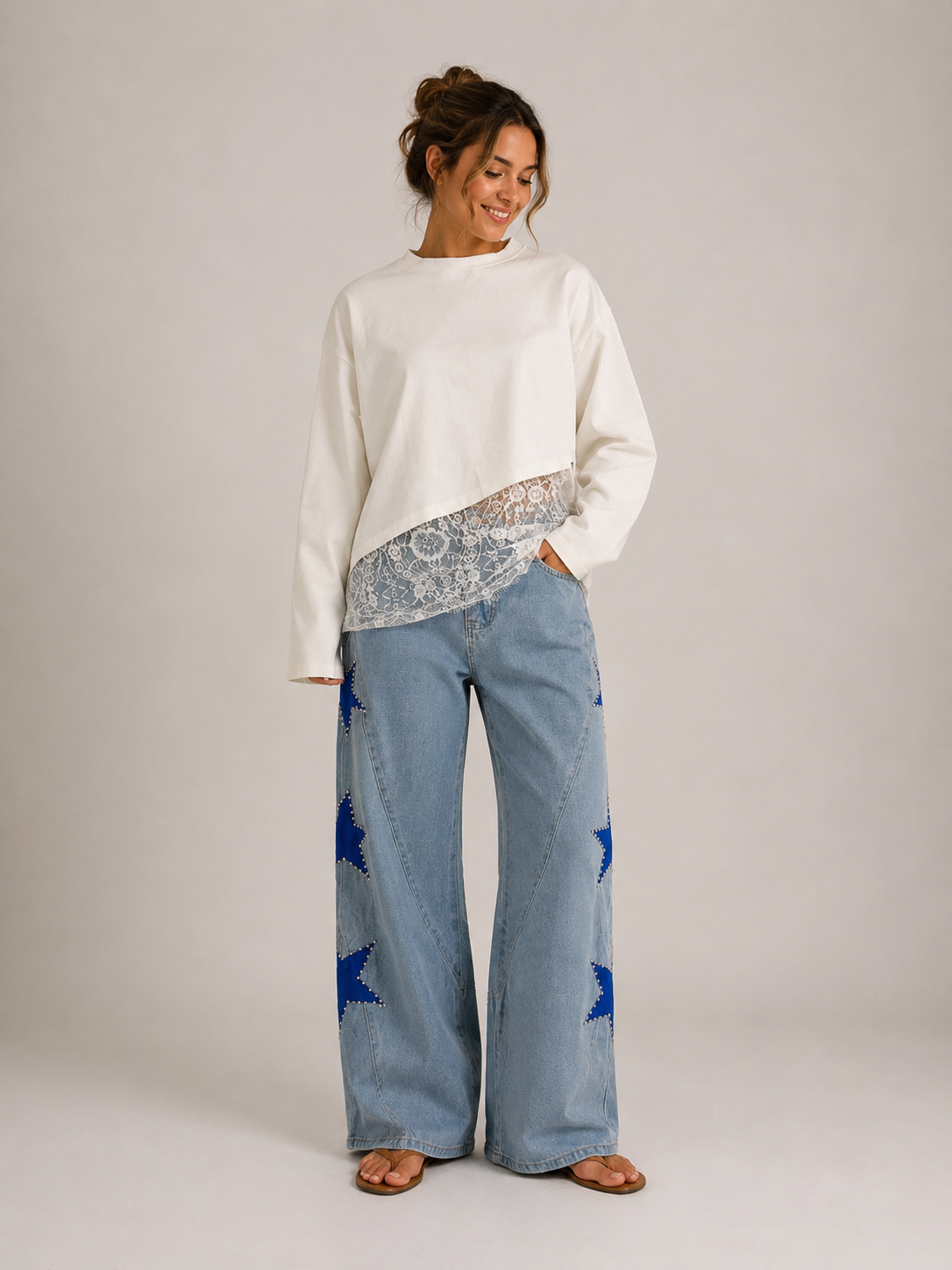 Lace Hem Top White - styled with Star Pearl Denim Jeans Light Wash, three-quarter view showing drop-shoulder silhouette and lace hem