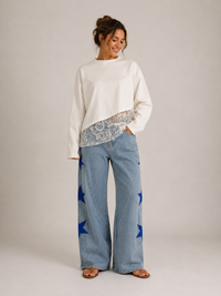 Lace Hem Top White - styled with Star Pearl Denim Jeans Light Wash, three-quarter view showing drop-shoulder silhouette and lace hem