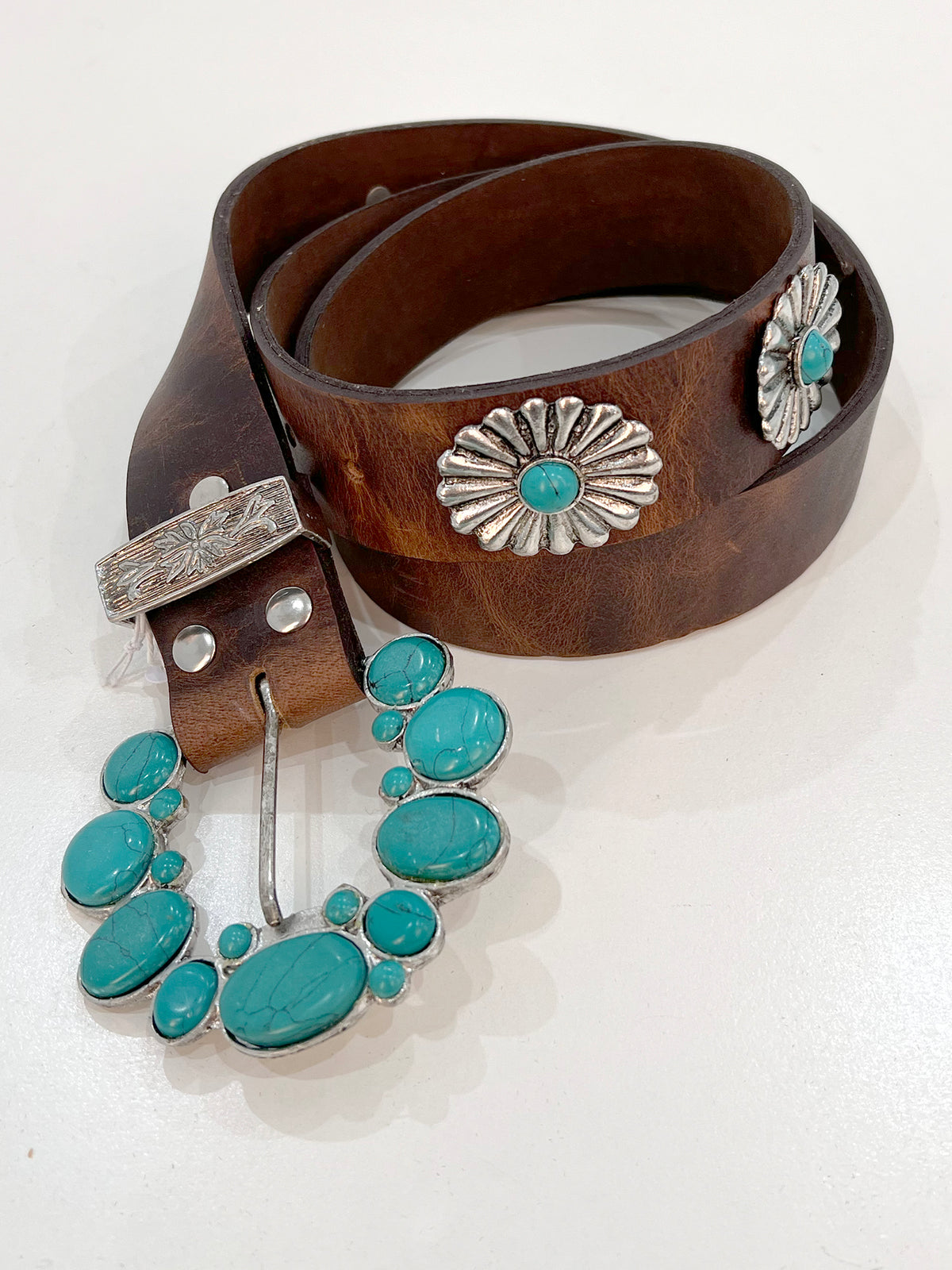 Leather belt with decorative turquoise stone buckle for boho and western styling - Cienna Designs