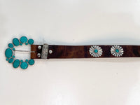 Leather belt with turquoise stone buckle close-up detail showing clasp and stone - Cienna Designs