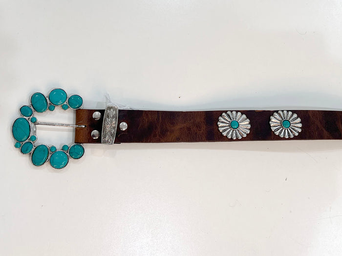 Leather belt with turquoise stone buckle close-up detail showing clasp and stone - Cienna Designs