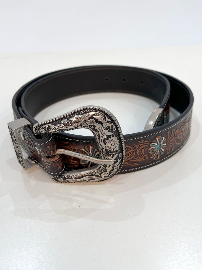 Turquoise leather tool belt with decorative detailing for boho and western styling - Cienna Designs