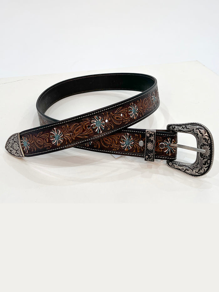 Turquoise leather tool belt side and back detail - Cienna Designs