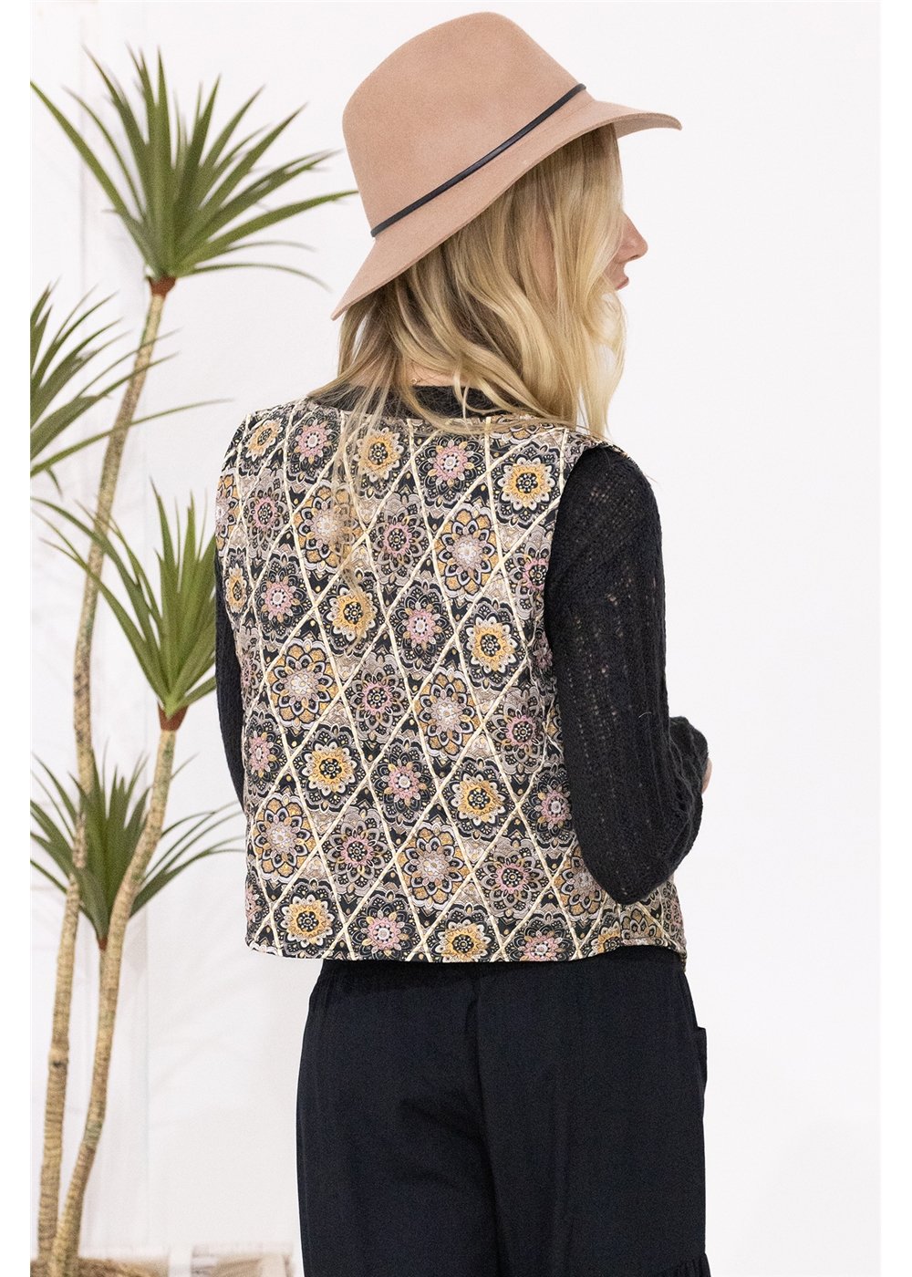 Lettie Quilted Waistcoat Reversible - dark navy floral diamond side, back view