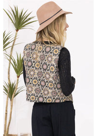Lettie Quilted Waistcoat Reversible - dark navy floral diamond side, back view