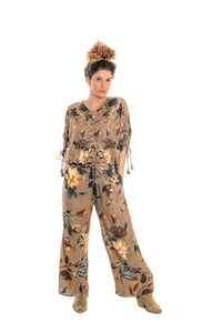 Magnolia Annissa Pants – full-length view, botanical floral viscose twill in taupe and teal