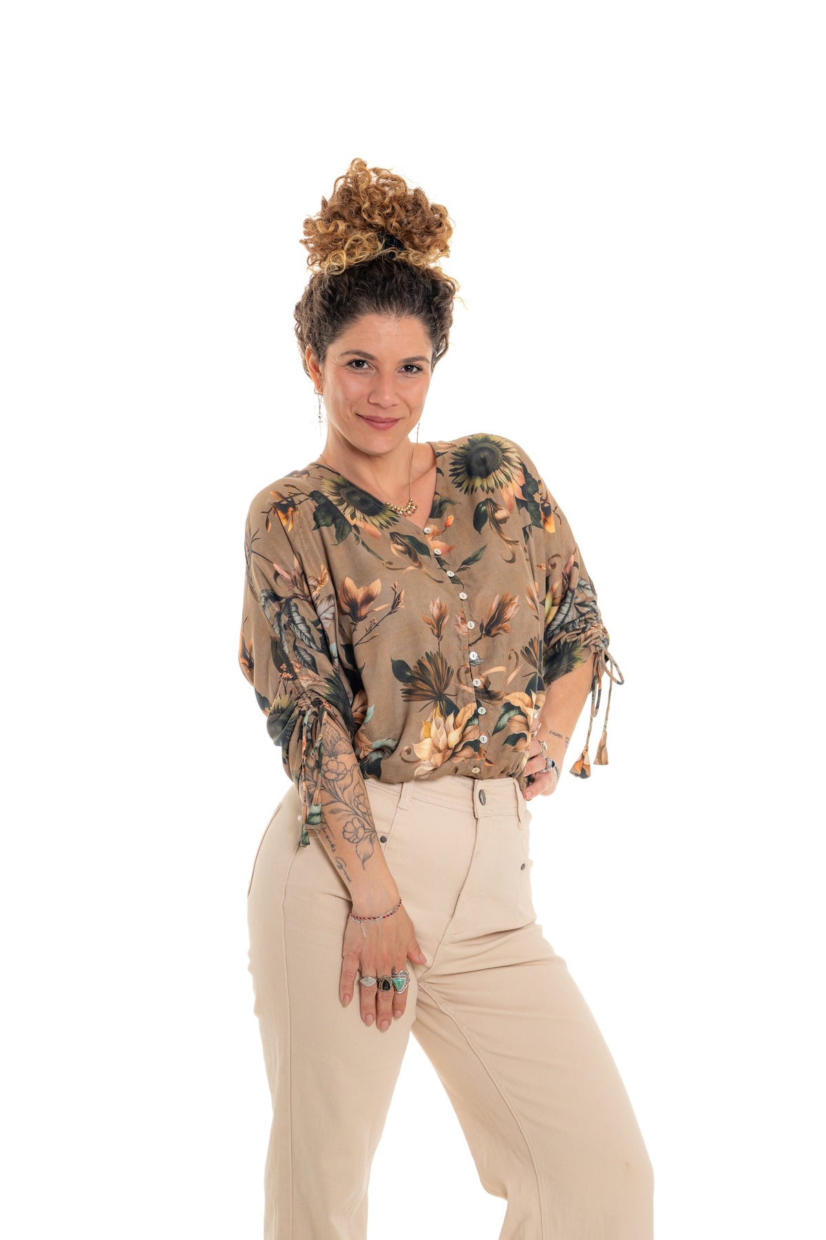 Magnolia Annissa Top – button-front top with batwing sleeves in botanical floral viscose twill