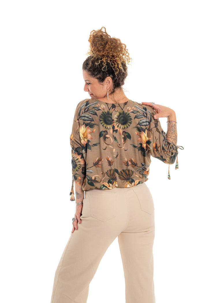 Magnolia Annissa Top – tassel drawstring cuffs, botanical floral print in taupe and teal