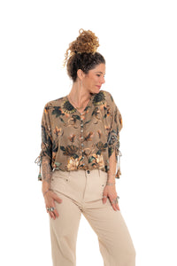 Magnolia Annissa Top – elasticated hem detail, botanical floral viscose twill