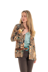 Magnolia Jacket – open-front layer in botanical floral viscose twill, taupe and teal tones