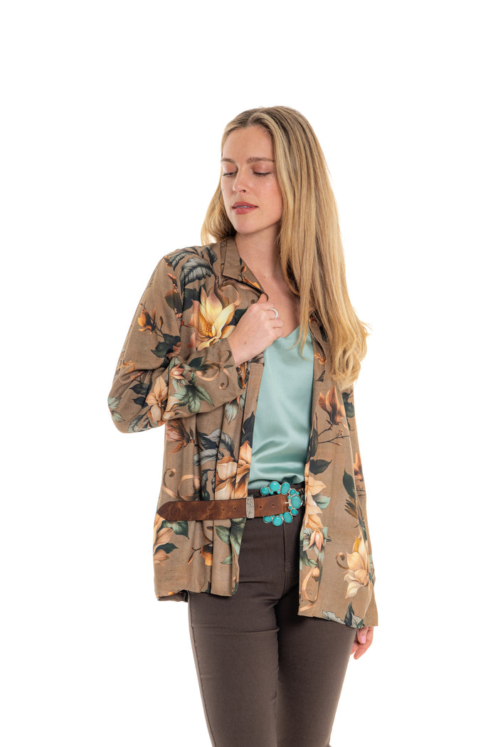 Magnolia Jacket – open-front layer in botanical floral viscose twill, taupe and teal tones
