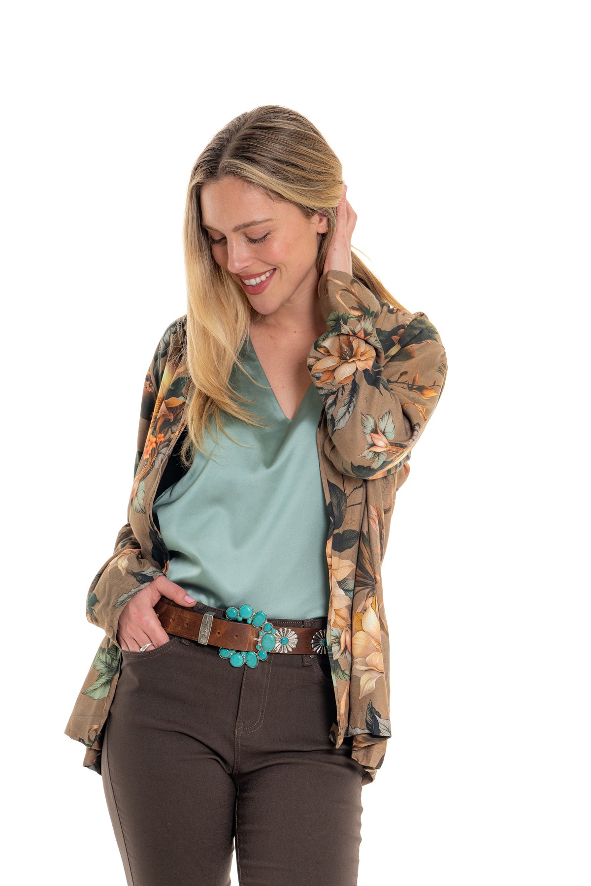 Magnolia Jacket – back view, botanical floral viscose twill in taupe, blush and teal