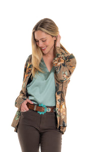 Magnolia Jacket – back view, botanical floral viscose twill in taupe, blush and teal